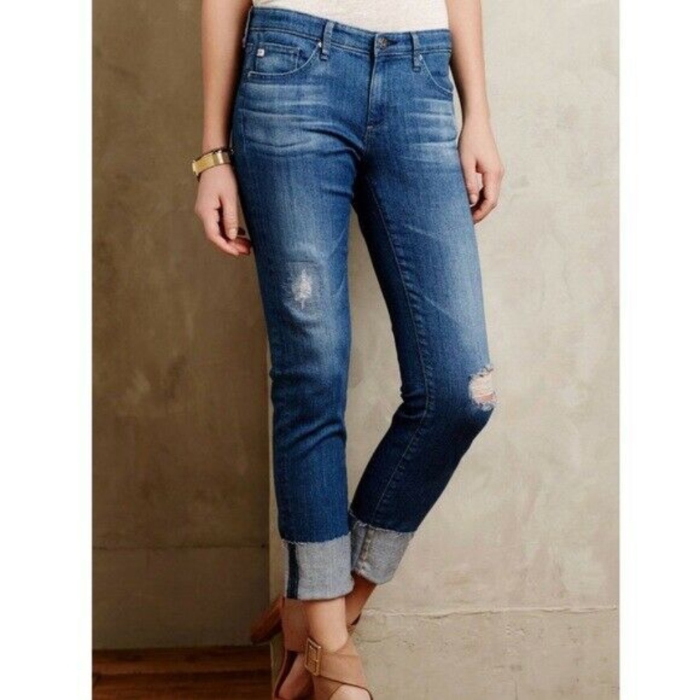 Ag Adriano Goldschmied Slim Straight Blue DistressedStevie Cuff Crop Jeans 28